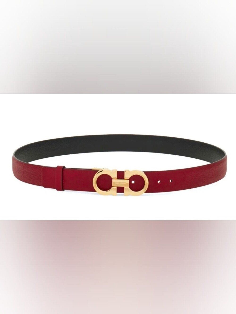 Slim Red/Black Leather Belt with a Signature Gold Gancini Buckle